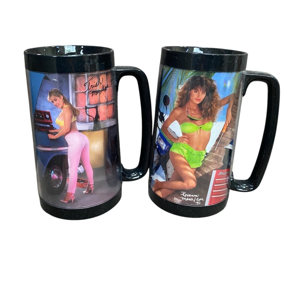 Lot of two vintage 80s 90s Snap-On Tool Mugs featuring toolmate girls Pin-up